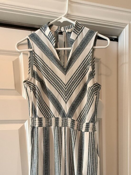 Monteau Los Angeles Pants - Monteau Blue Ivory Striped Cropped Jumpsuit Capri Wide Leg Size M